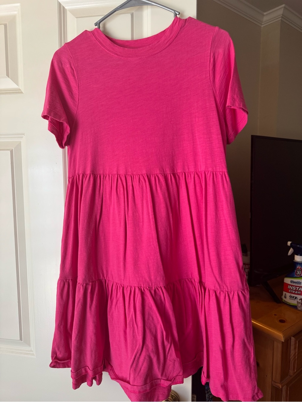 Bright Pink Tiered Short-Sleeve Dress